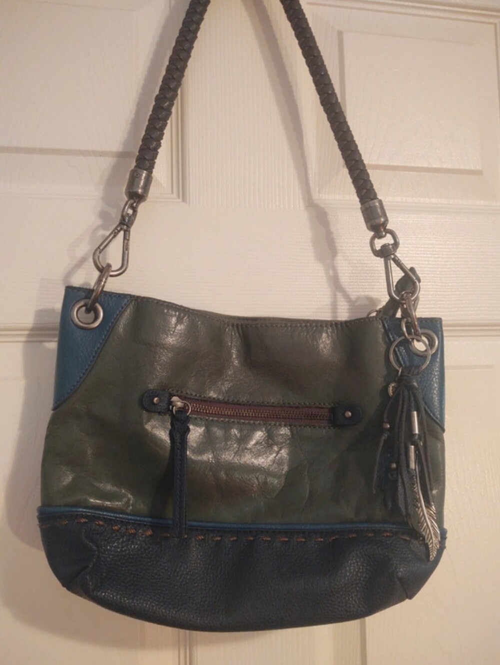 Women's Two-Tone Green & Navy Leather Shoulder Bag